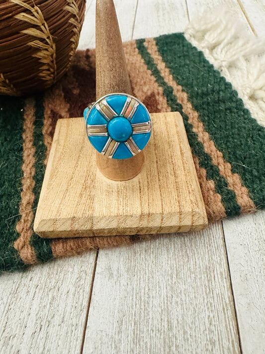 Handcrafted Sterling Silver, Turquoise & Opal Inlay Band Ring Size 7.5