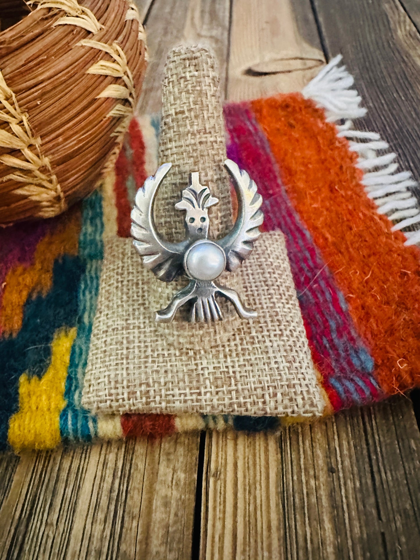 Handcrafted Pearl & Sterling Silver Thunderbird Ring size 10 by Chimney Butte