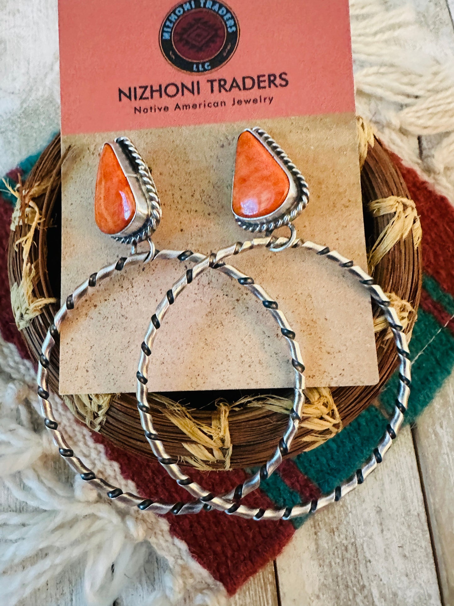 Handcrafted Orange Spiny and Sterling Silver Dangle Hoop Earrings