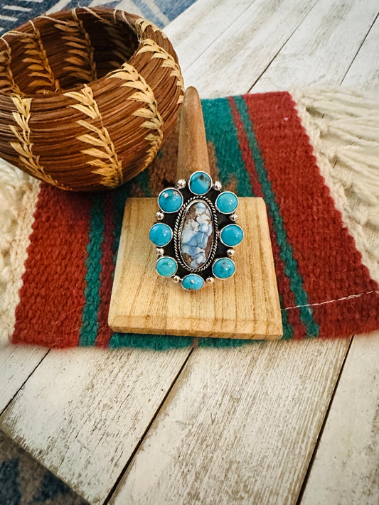 Handcrafted Sterling Silver & Multi Turquoise Cluster Adjustable Ring