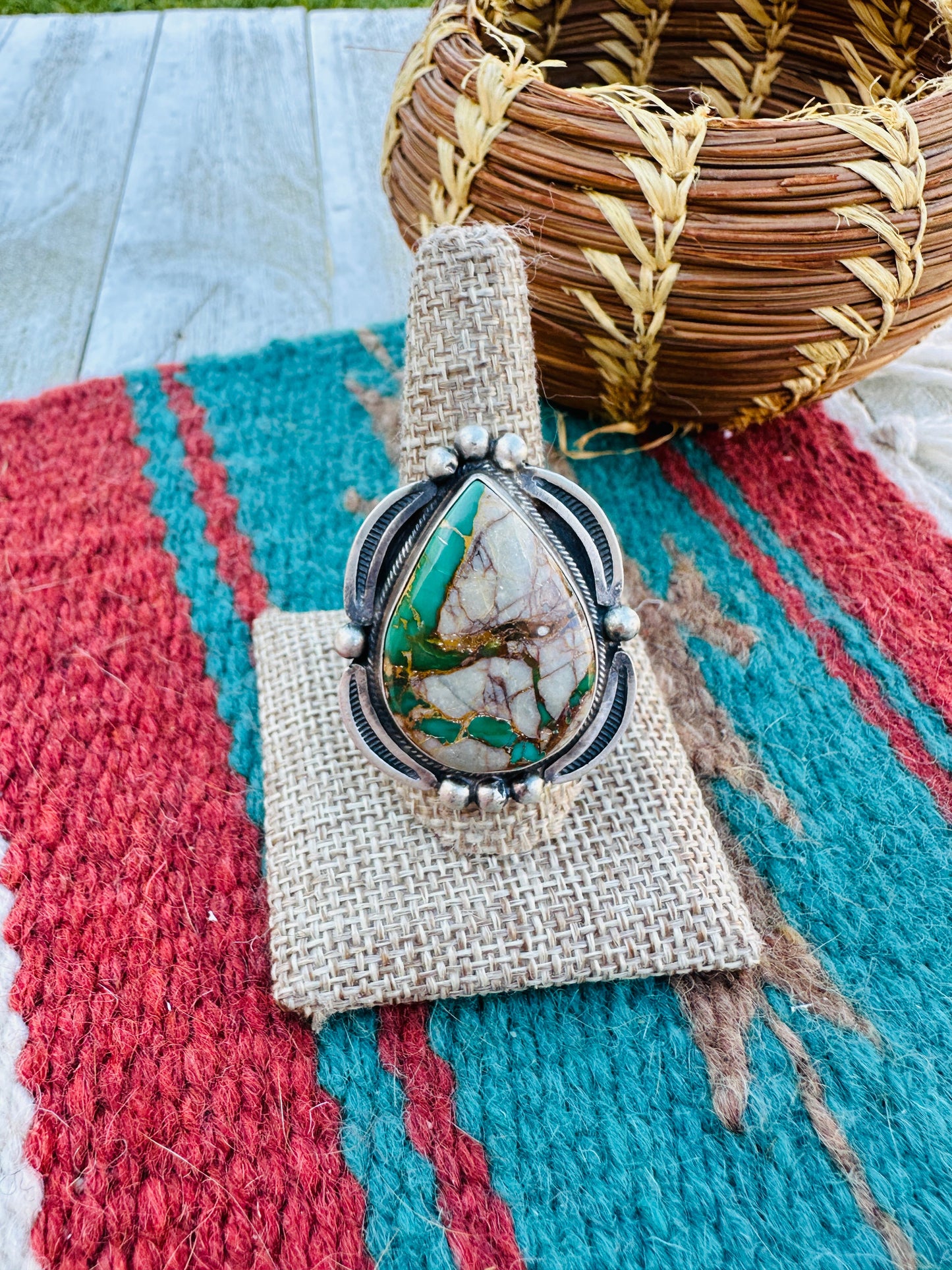 Hand Crafted Ribbon Turquoise & Sterling Silver Ring Size 9.5