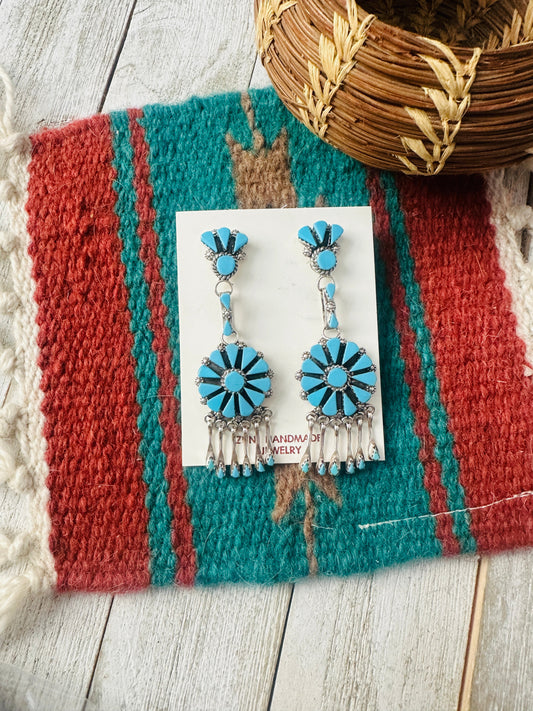 Handcrafted Sterling Silver & Turquoise Cluster Tassel Dangle Earrings