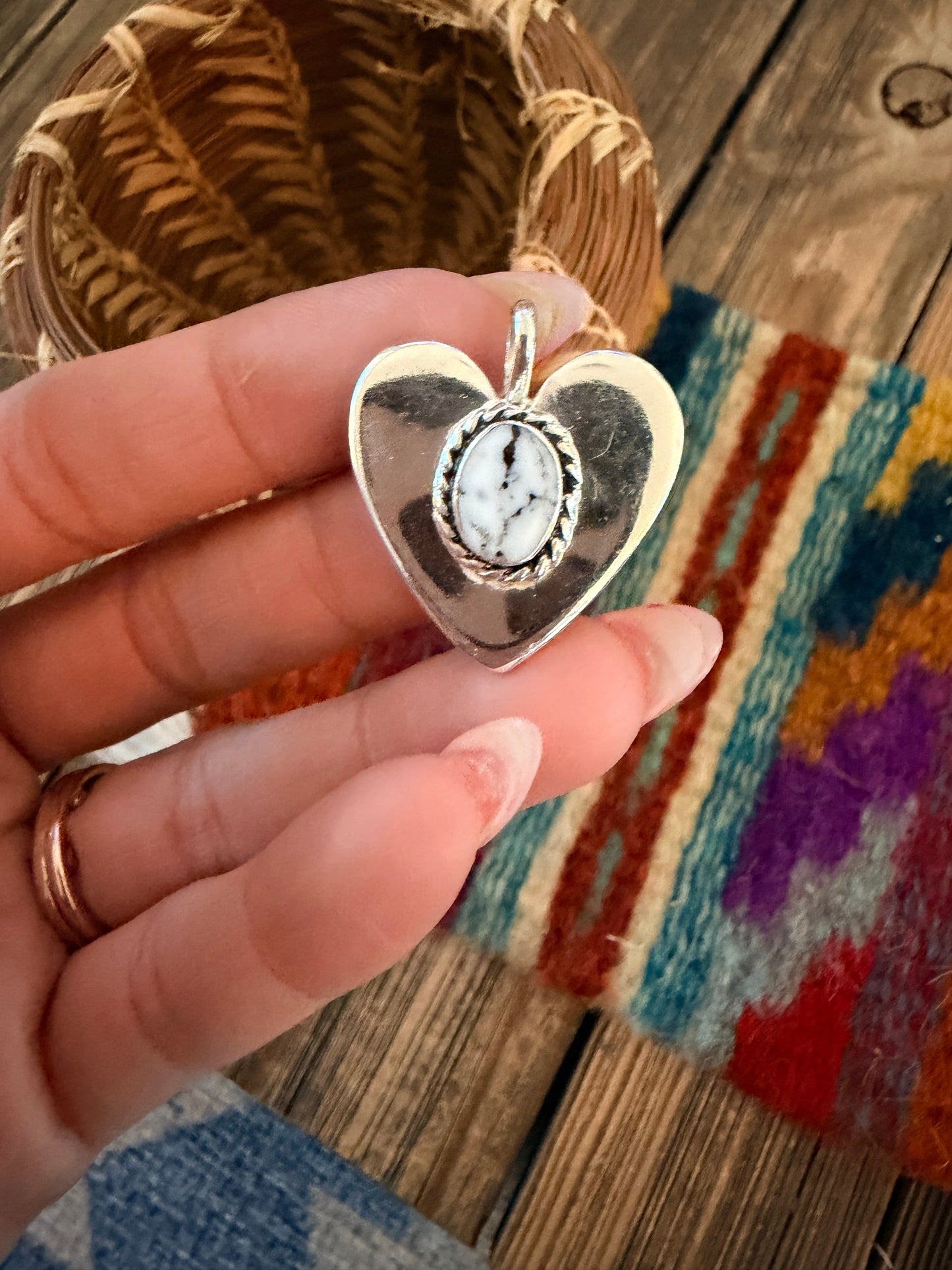 Handcrafted Sterling Silver & White Buffalo Heart Pendant by Joseph Martinez