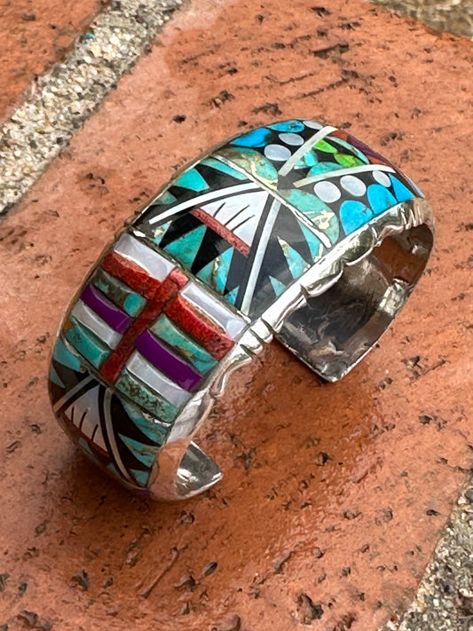 Handmade Sterling Silver Multi Stone Mosaic  Inlay Cuff