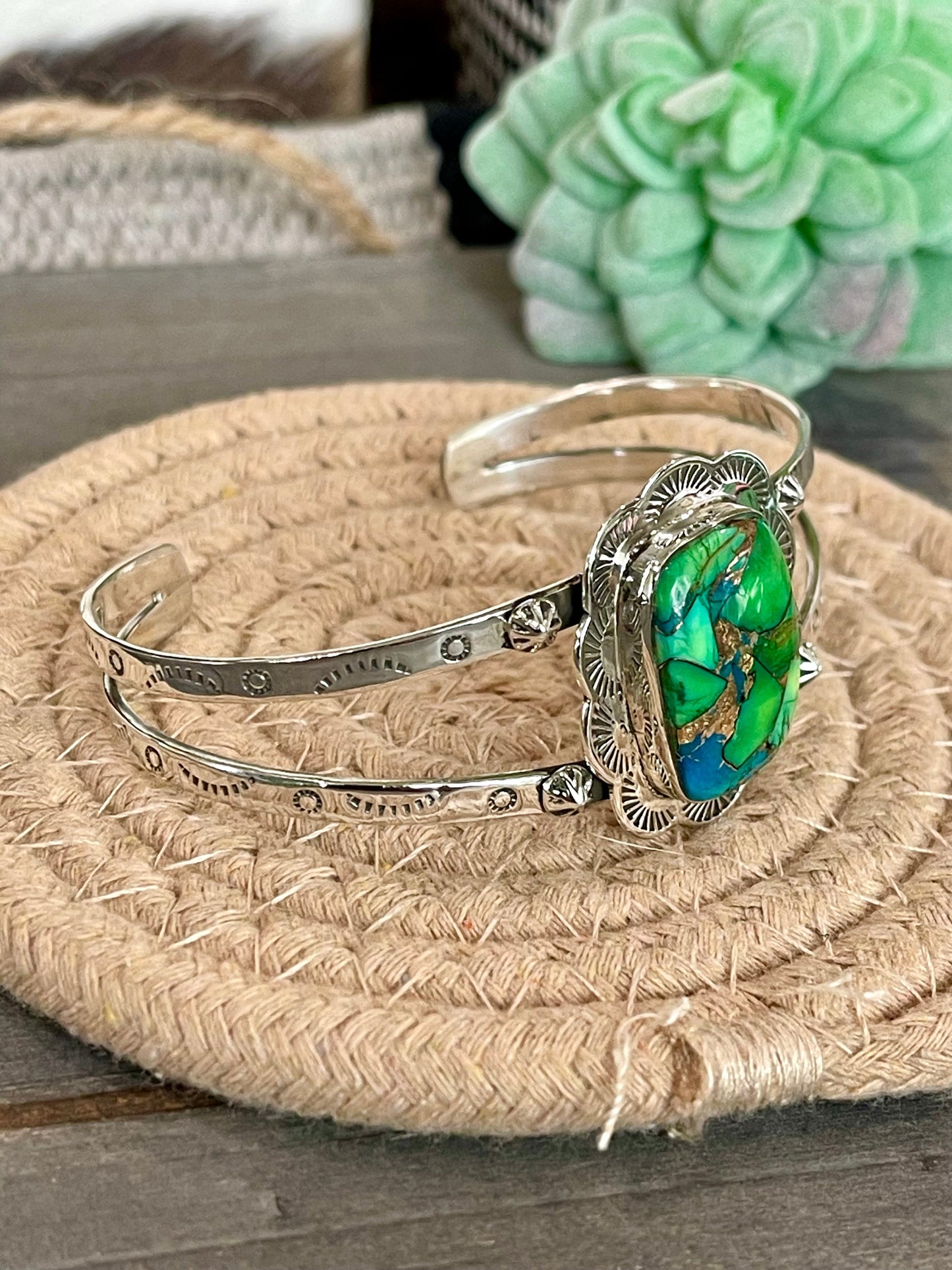 Handmade Sterling Silver & Peacock Dahlia Cuff Bracelet