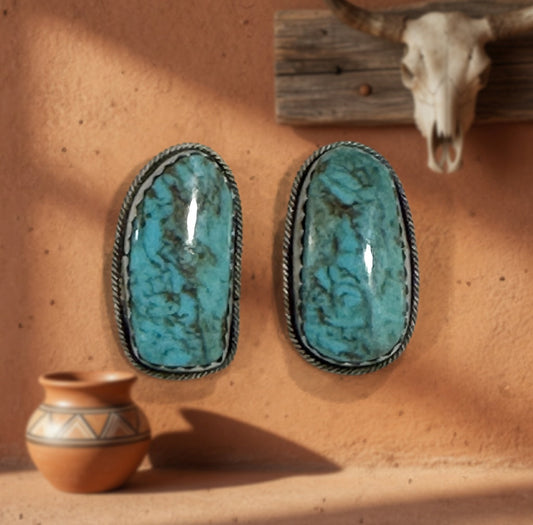 Handcrafted Turquoise & Sterling Silver Post Earrings Signed