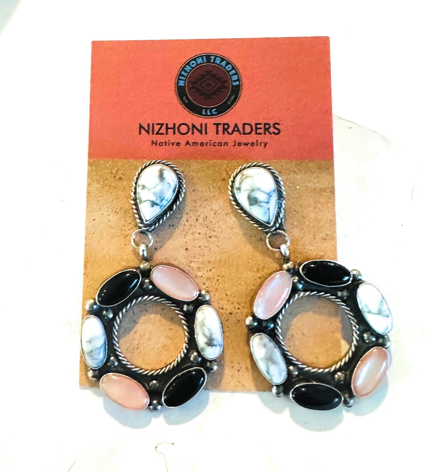 Handcrafted White Buffalo, Onyx, Mother of Pearl and Sterling Silver Dangle Earrings