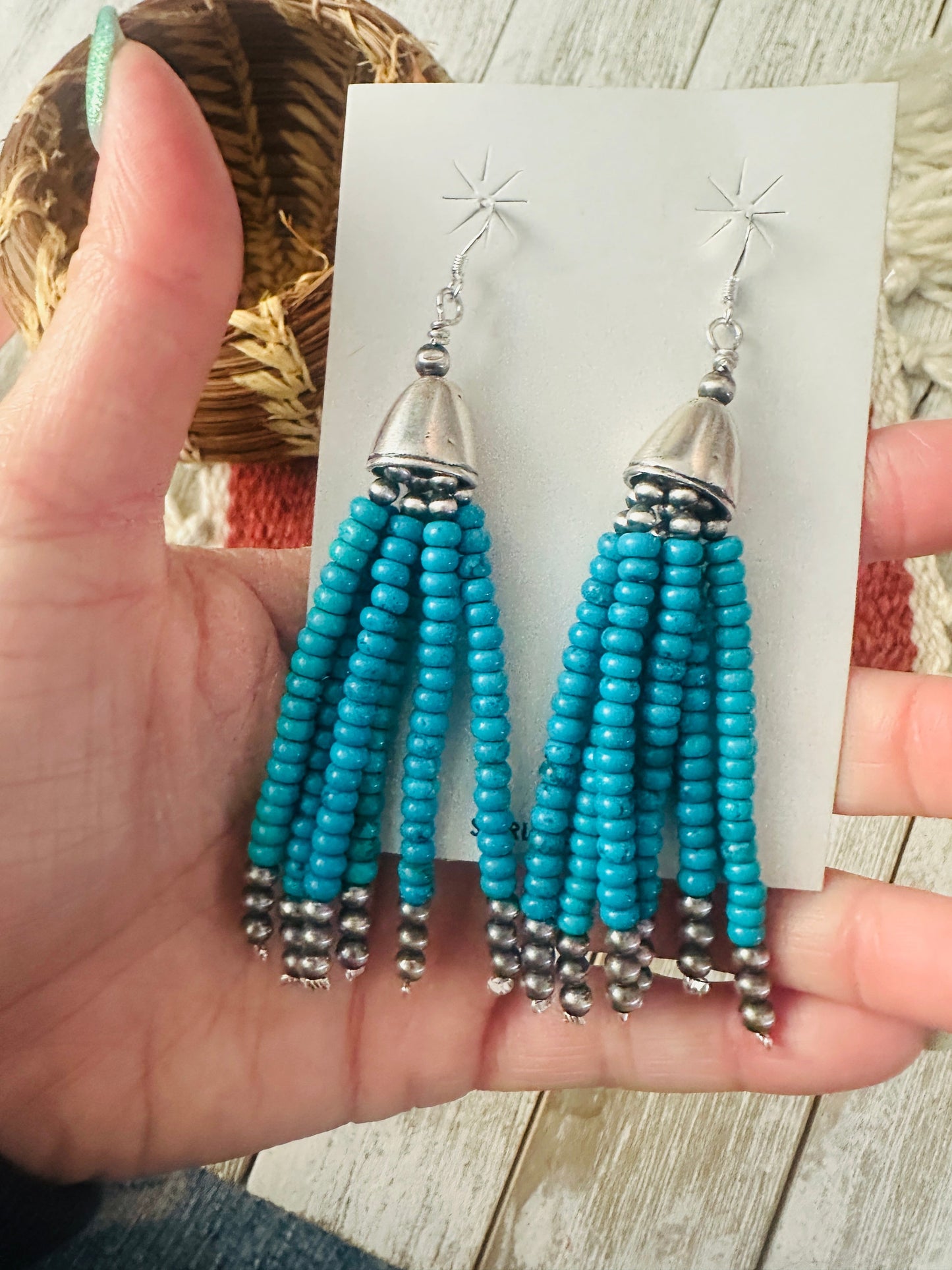 Handcrafted Darker Turquoise & Sterling Silver Pearl Beaded Tassel Dangle Earrings