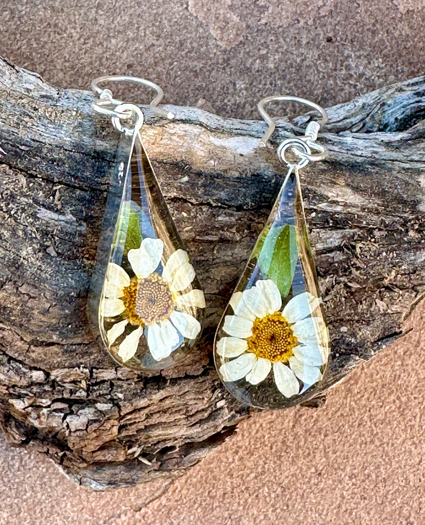 Primavera Teardrop Sterling Silver Daisy Earrings on Hook
