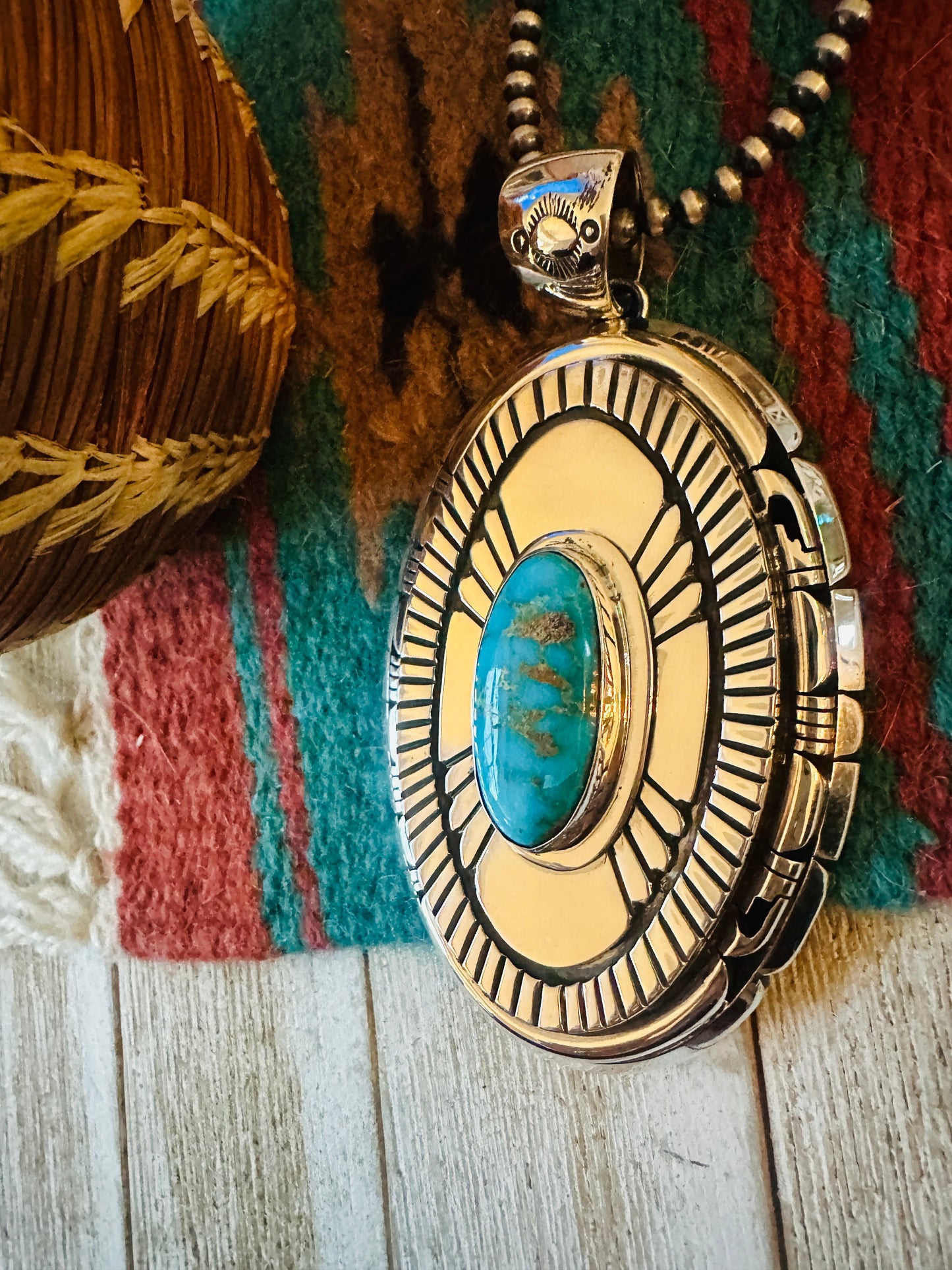 Handcrafted Sonoran Gold Turquoise &  Sterling Silver Pendant, Signed LK