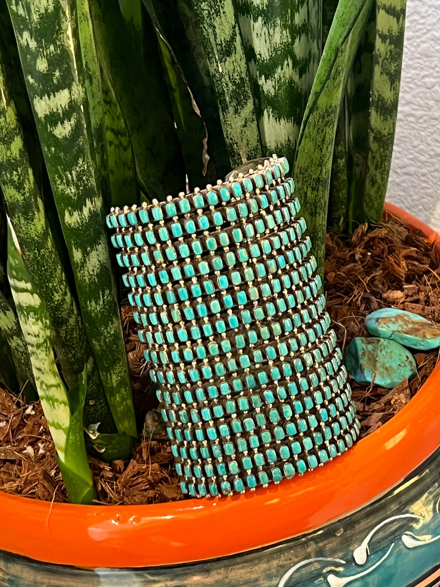 Handcrafted Epic Made 15 Row Sterling Silver and Turquoise Gauntlet Style Cuff Bracelet /