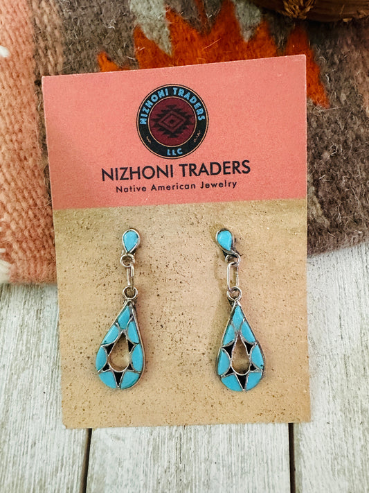 Handcrafted Sterling Silver, Turquoise & Onyx Inlay Dangle Earrings