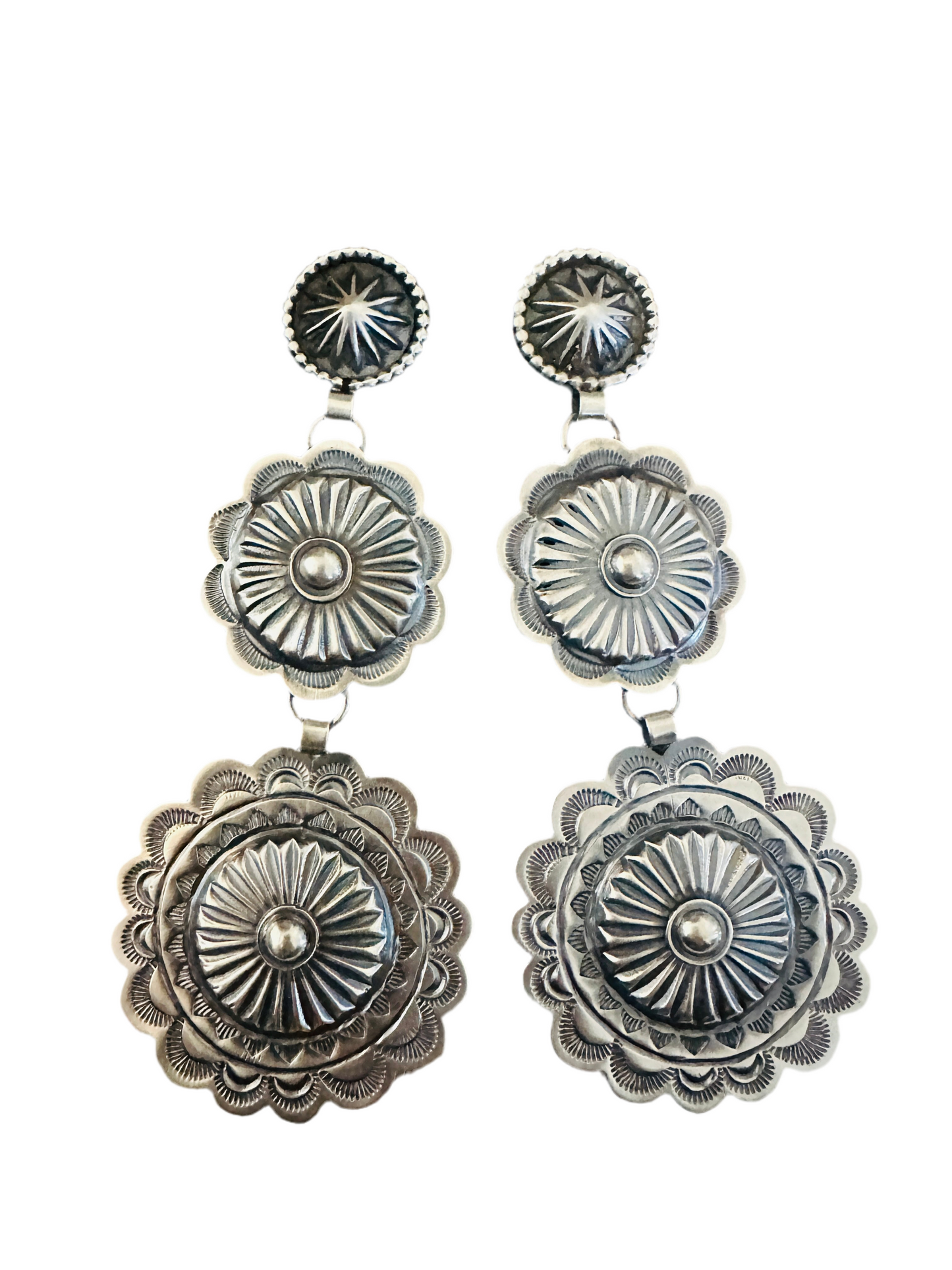 Handcrafted Hand Stamped Sterling Silver Concho Dangle Earrings by Hemerson Brown