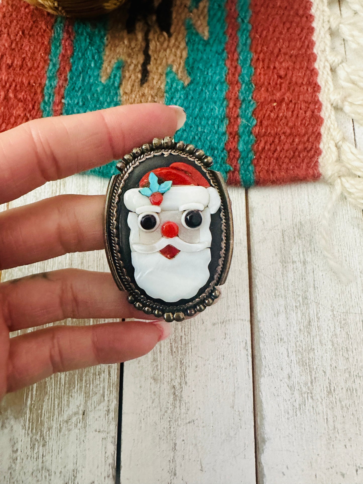 Vintage Handcrafted Multi Stone & Sterling Silver Inlay Santa Clause Brooch