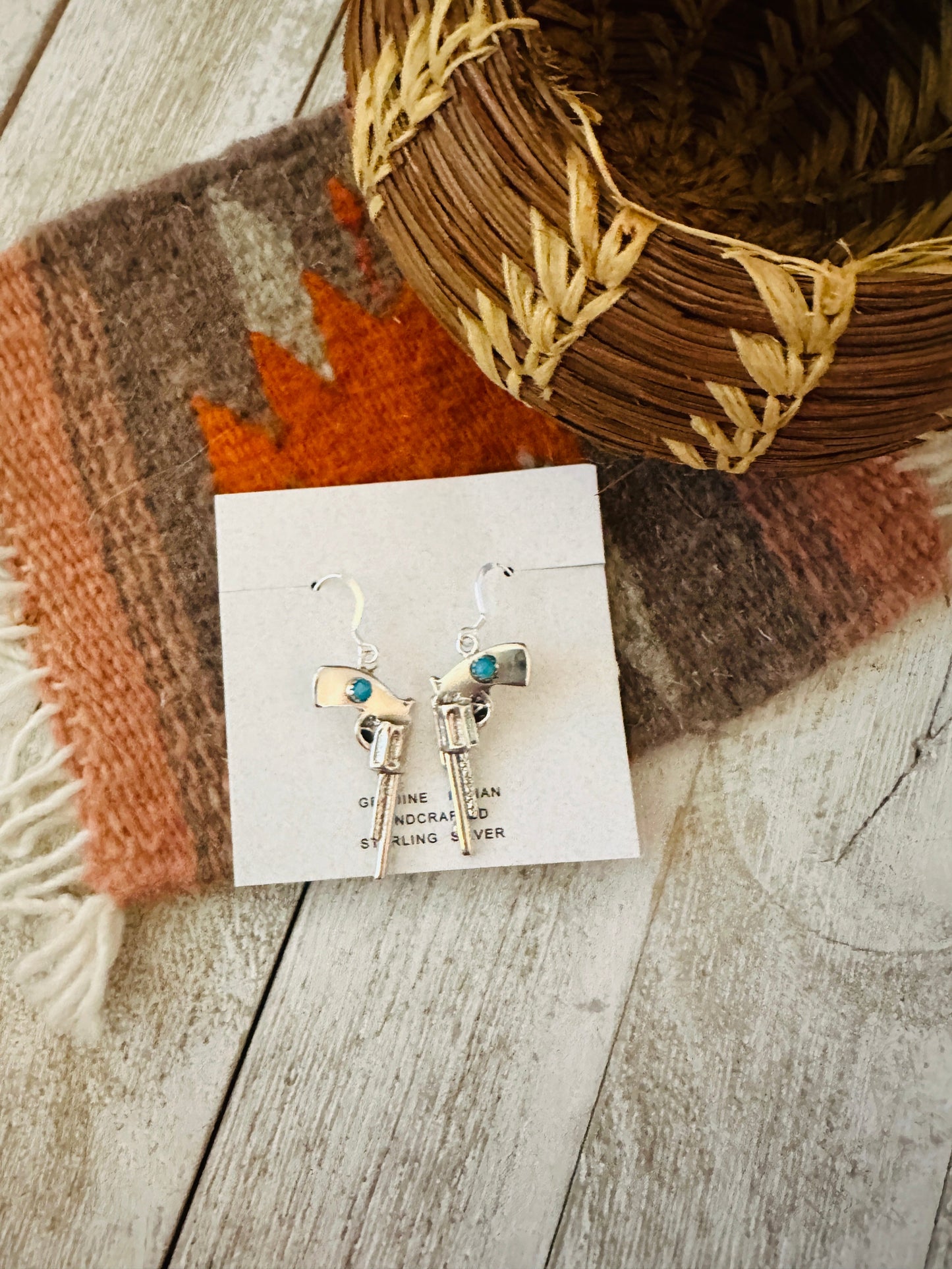 Handcrafted Turquoise And Sterling Silver Pistol Dangle Earrings