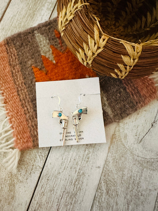 Handcrafted Turquoise And Sterling Silver Pistol Dangle Earrings