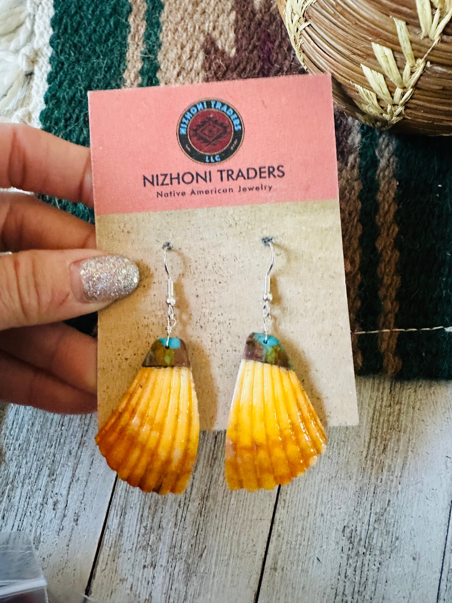 Handcrafted Shell & Turquoise Feather Dangle Earrings