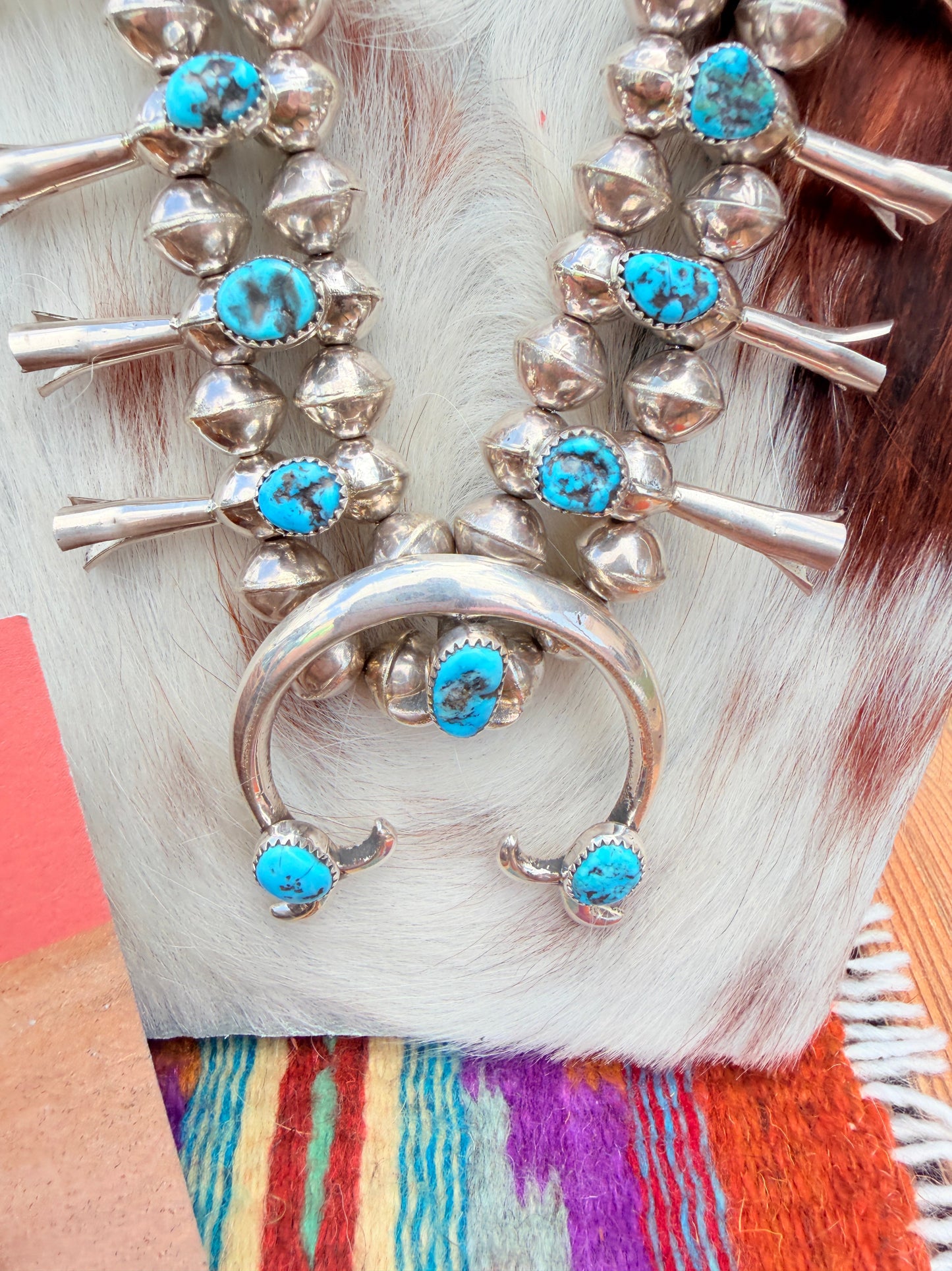 Handcrafted Sterling Silver & Kingman Turquoise Squash Blossom Necklace Set