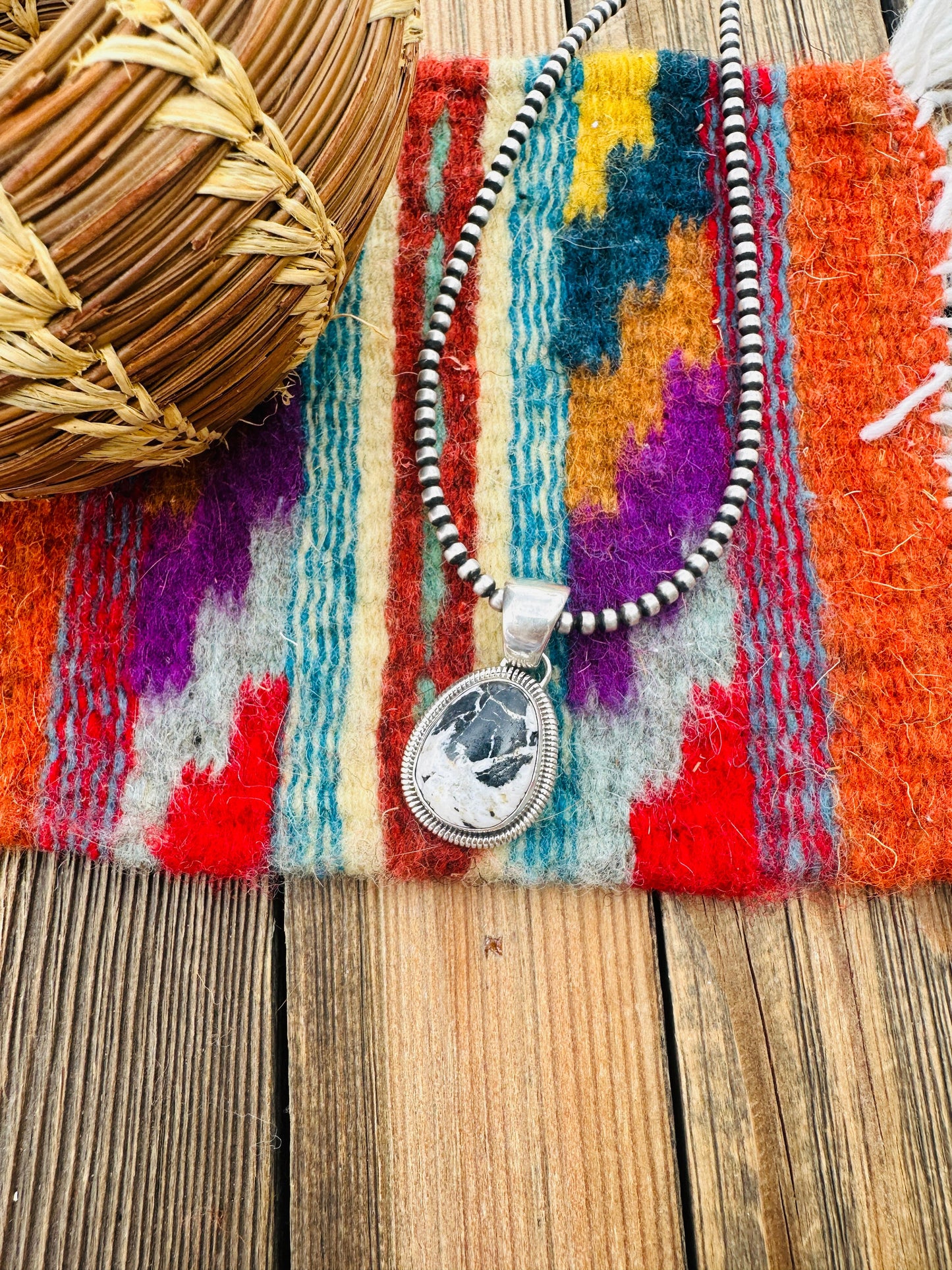 Handcrafted Sterling Silver & White Buffalo Pendant by Wydell Billie