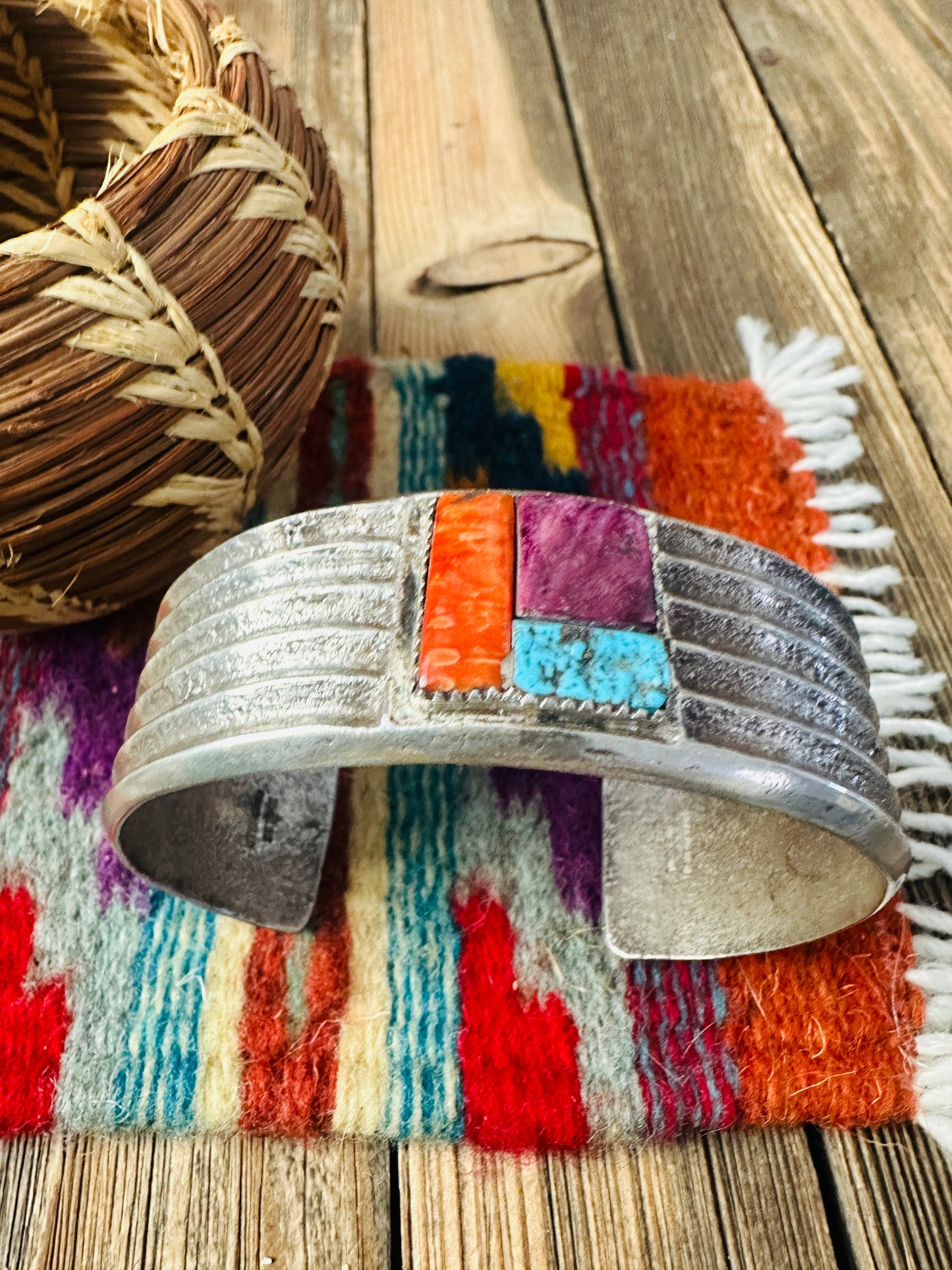 Handcrafted Old Pawn Turquoise, Spiny & Sterling Silver Inlay Cuff Bracelet by Raymond Betsoi
