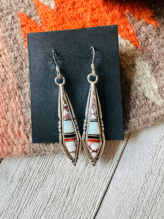 Handcrafted Sterling Silver & Multi Stone Inlay Dangle Earrings