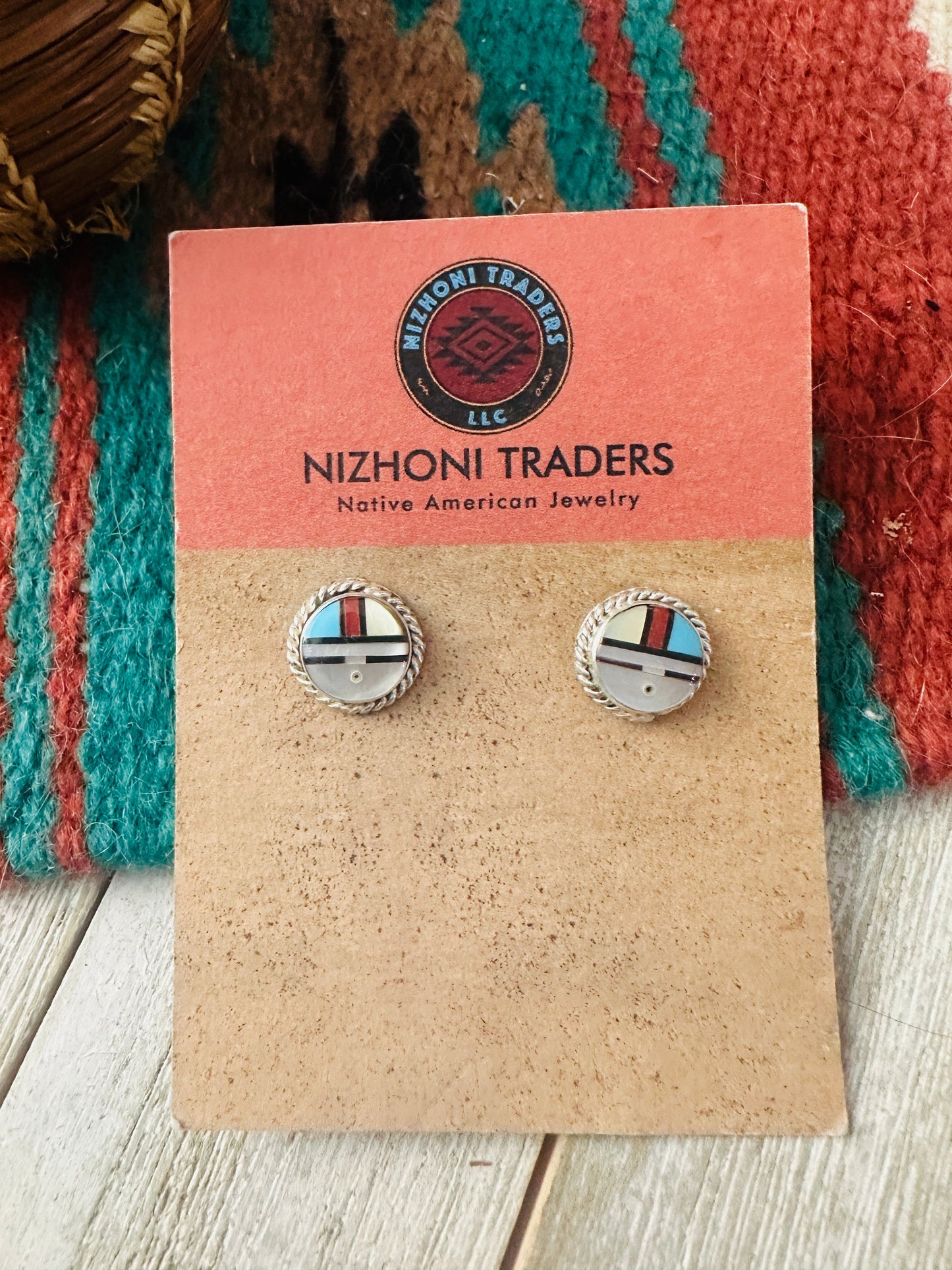 Handcrafted Multi Stone & Sterling Silver Inlay Sun Face Stud Earrings