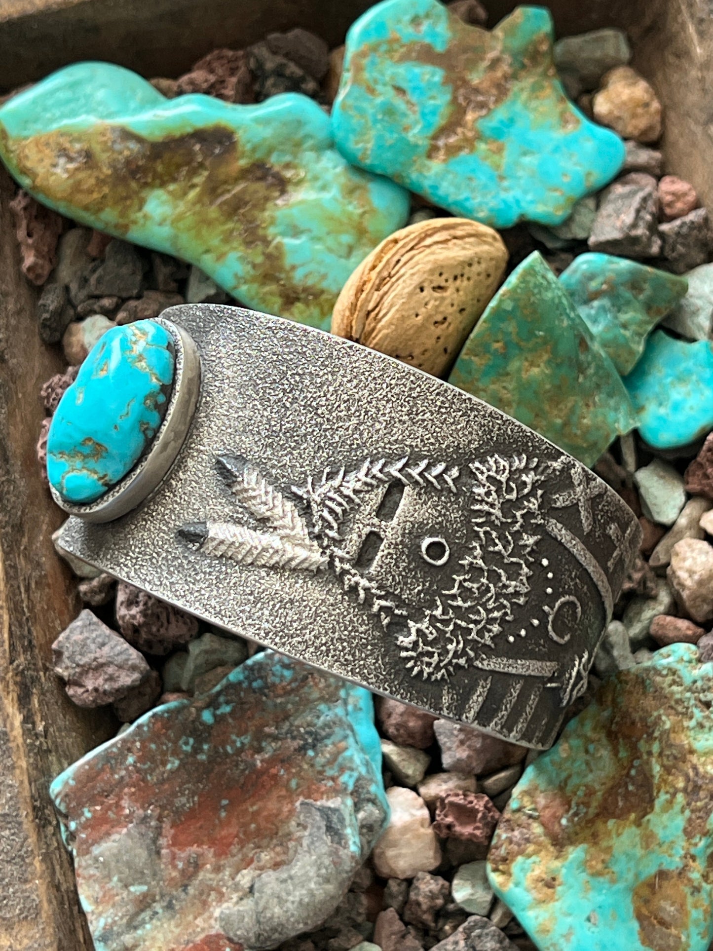 Handcrafted Tufa Cast Sterling Mudhead Cuff Bracelet with Kingman Turquoise by Lee Begay
