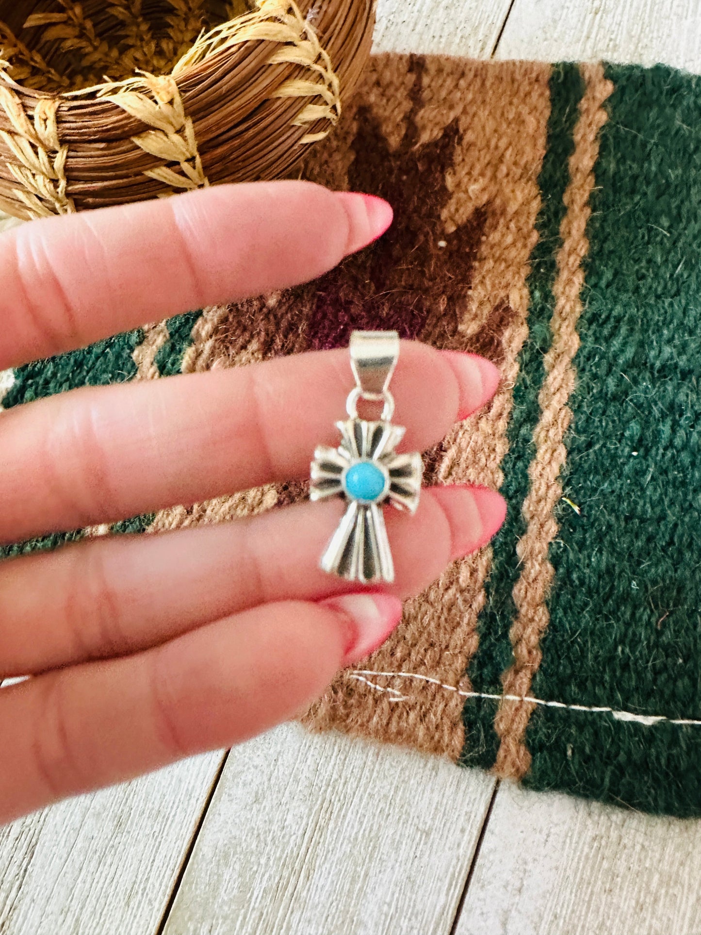 Handcrafted Turquoise & Sterling Silver Mini Cross Pendant