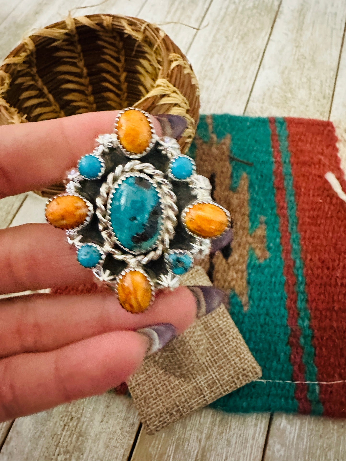 Handcrafted Turquoise, Spiny & Sterling Silver Cluster Ring size 9.5