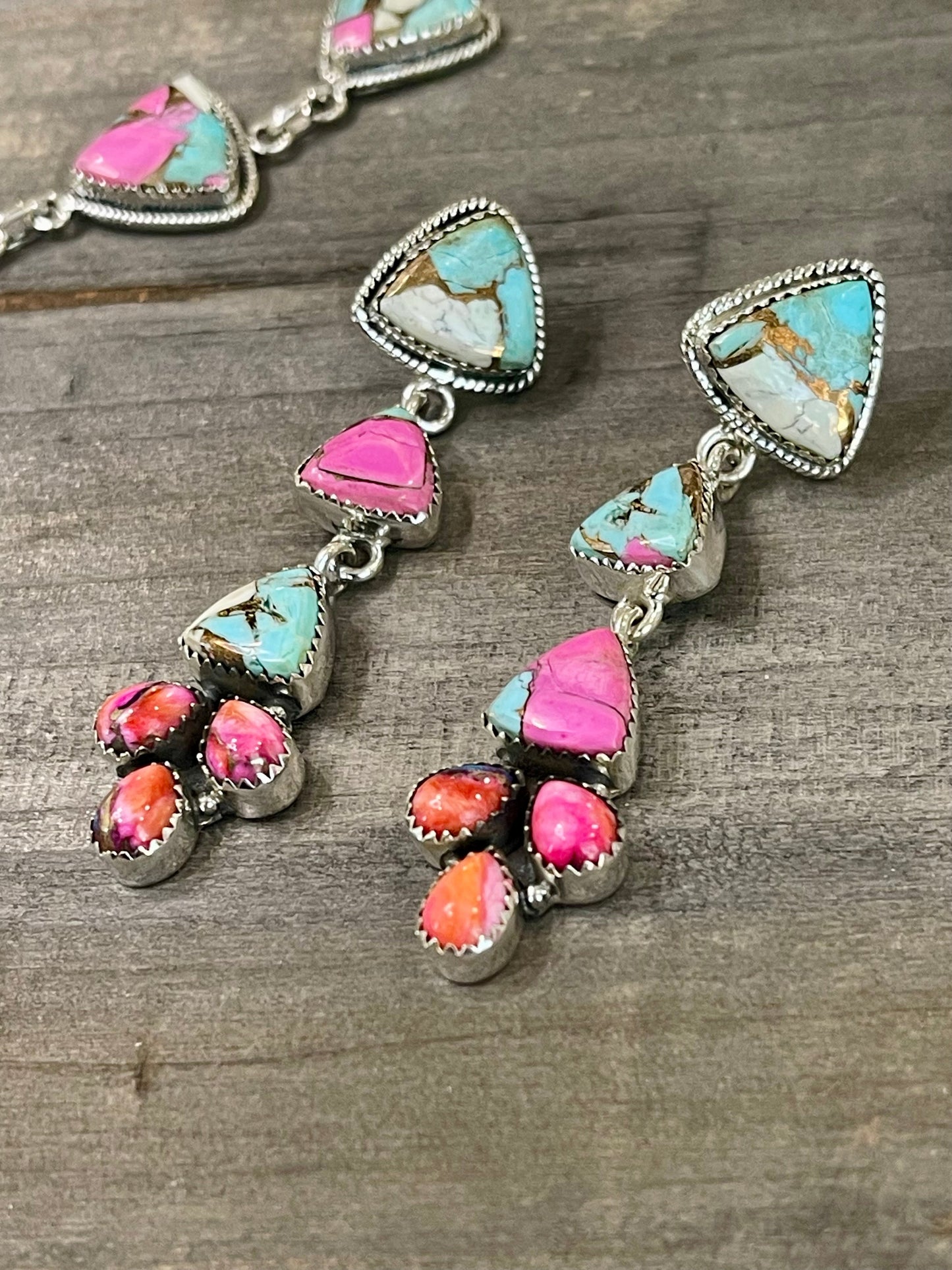 Handmade Cotton Candy , Pink Dream Mojave & Sterling Silver Lariat Necklace Set