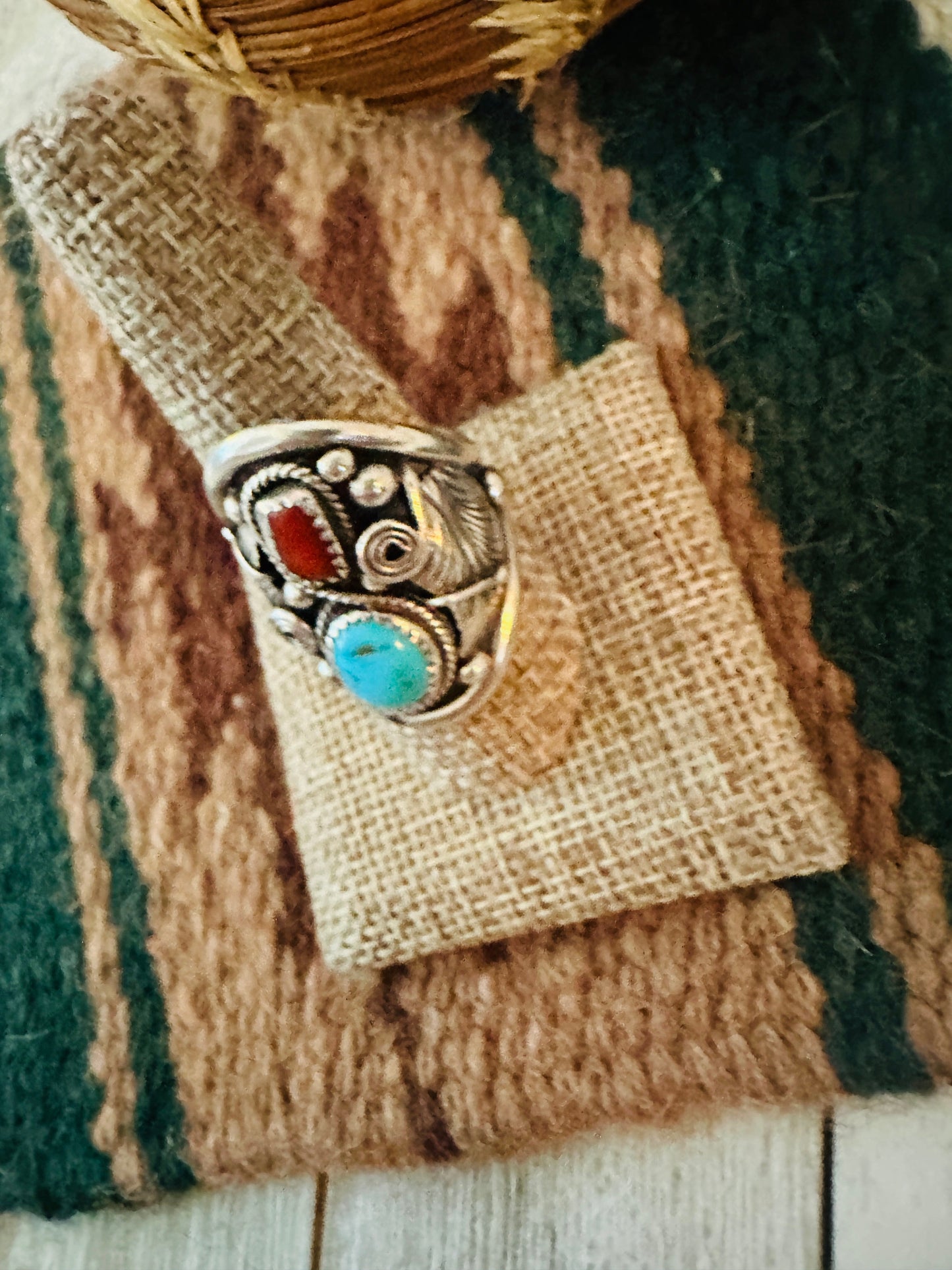 Handcrafted Old Pawn Turquoise, Coral and Sterling Silver Ring Size 9.5