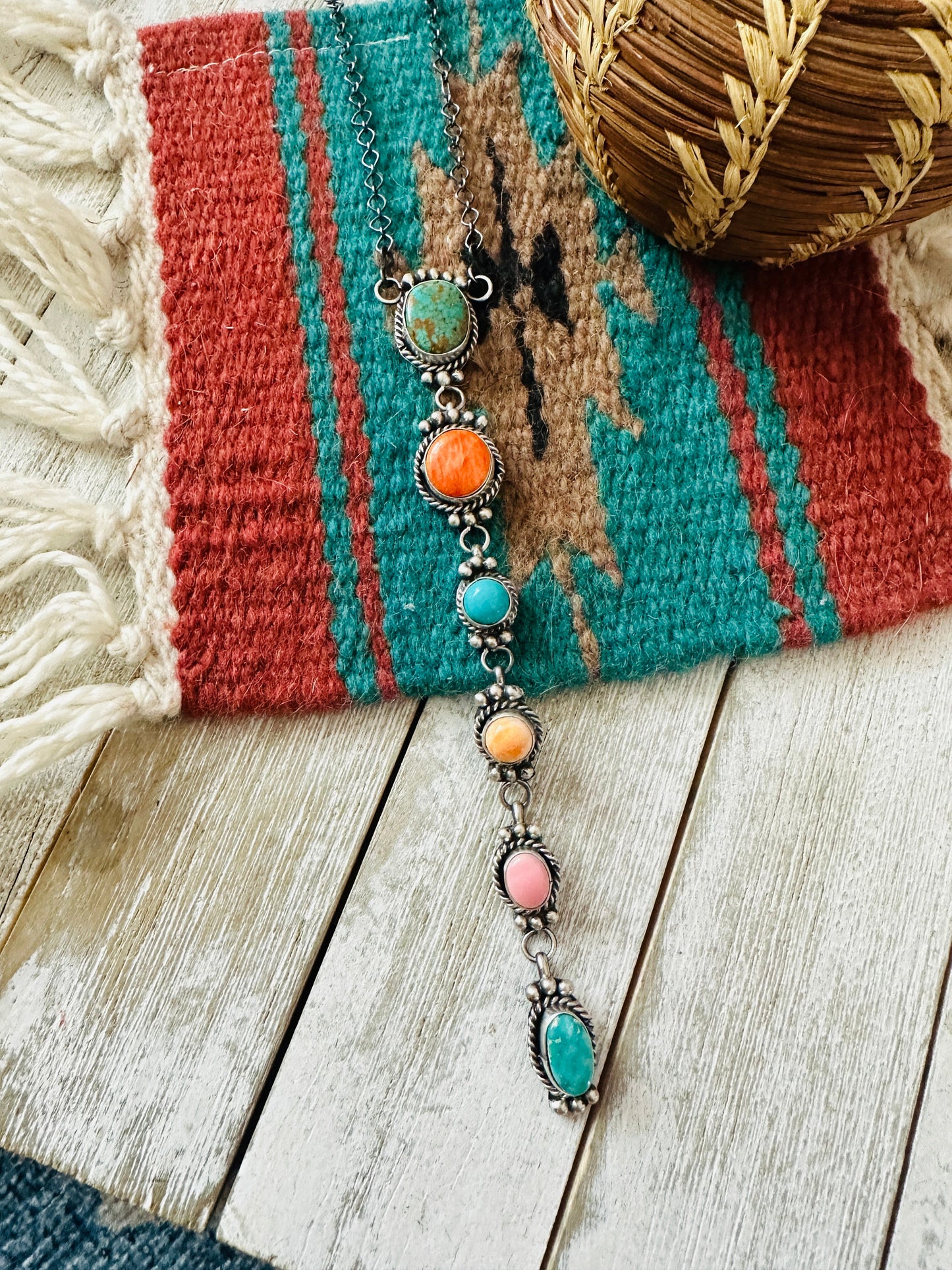Handcrafted Sterling Silver & Multi Stone Lariat Necklace