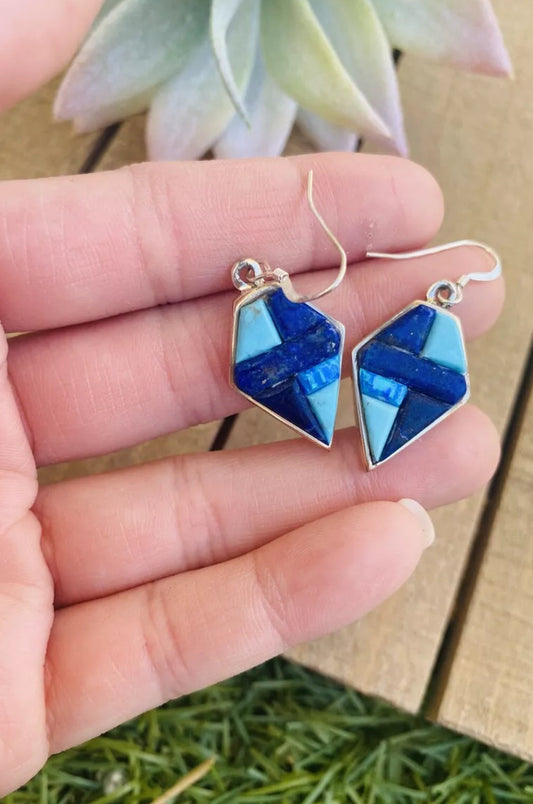 Handcrafted Sterling Silver & Multi Stone Inlay Dangle Earrings