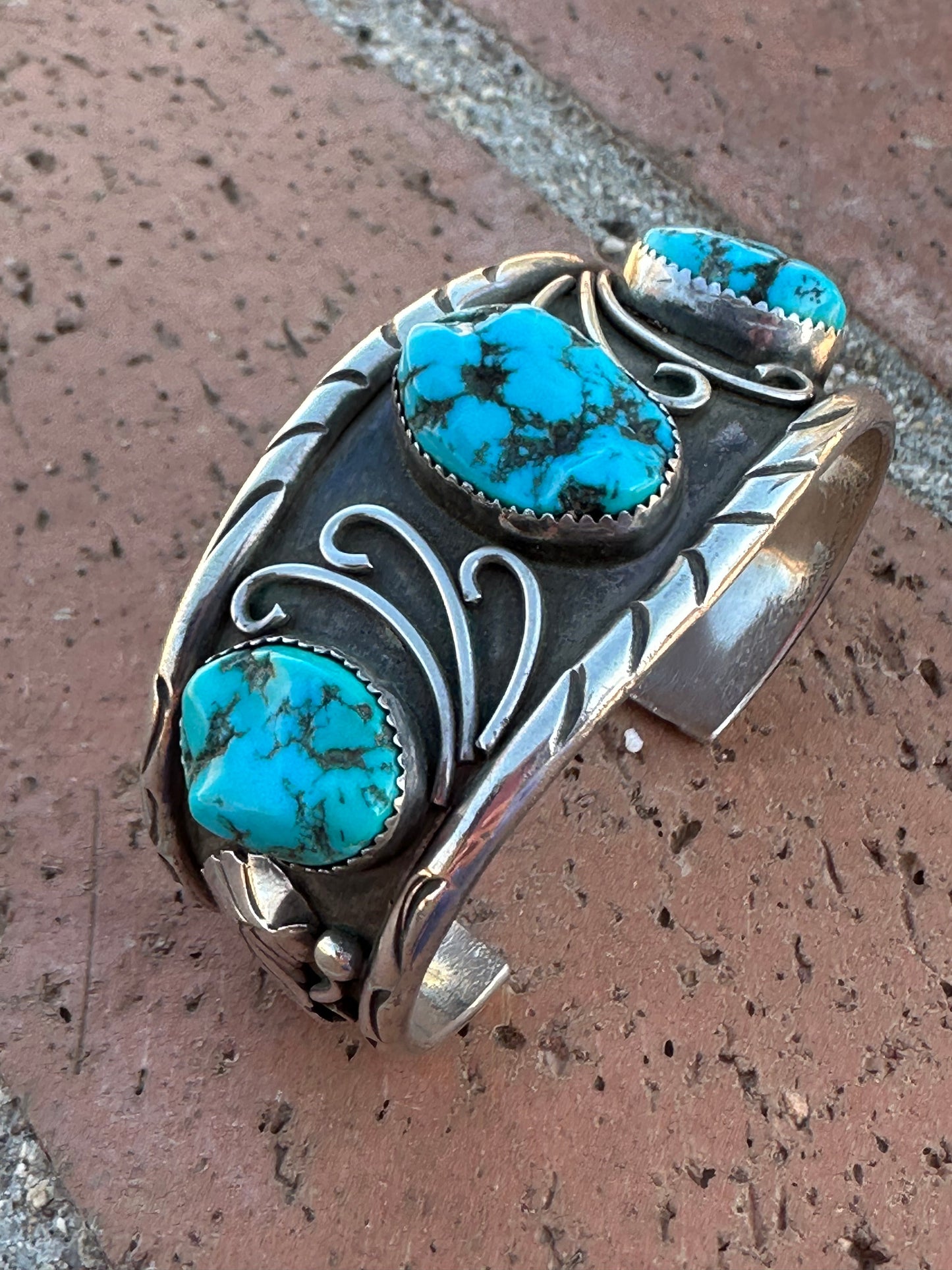 Estate Collection Old Pawn Handcrafted Sterling Silver & Natural Kingman 3 Stone Turquoise Cuff Bracelet /
