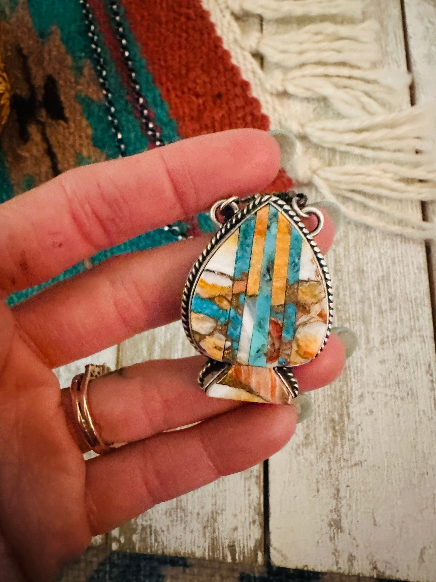 Handcrafted Sterling Silver & Multi Stone Inlay Spade Necklace