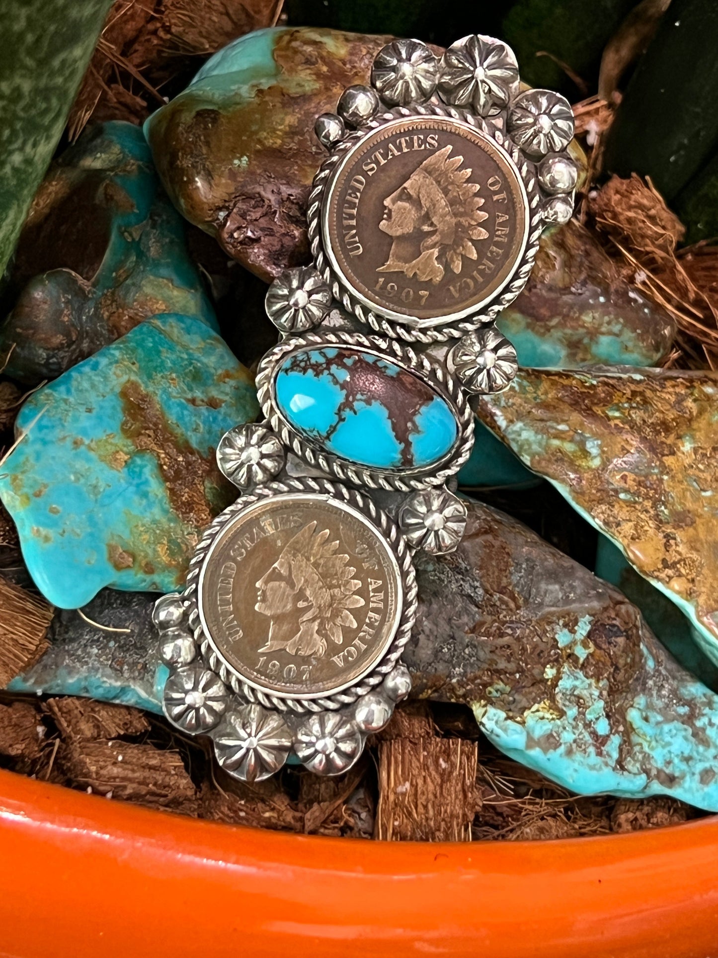Apache Sterling Silver, Egyptian Turquoise and Indian Head Penny Ring by Rosella Paxson: Size 9