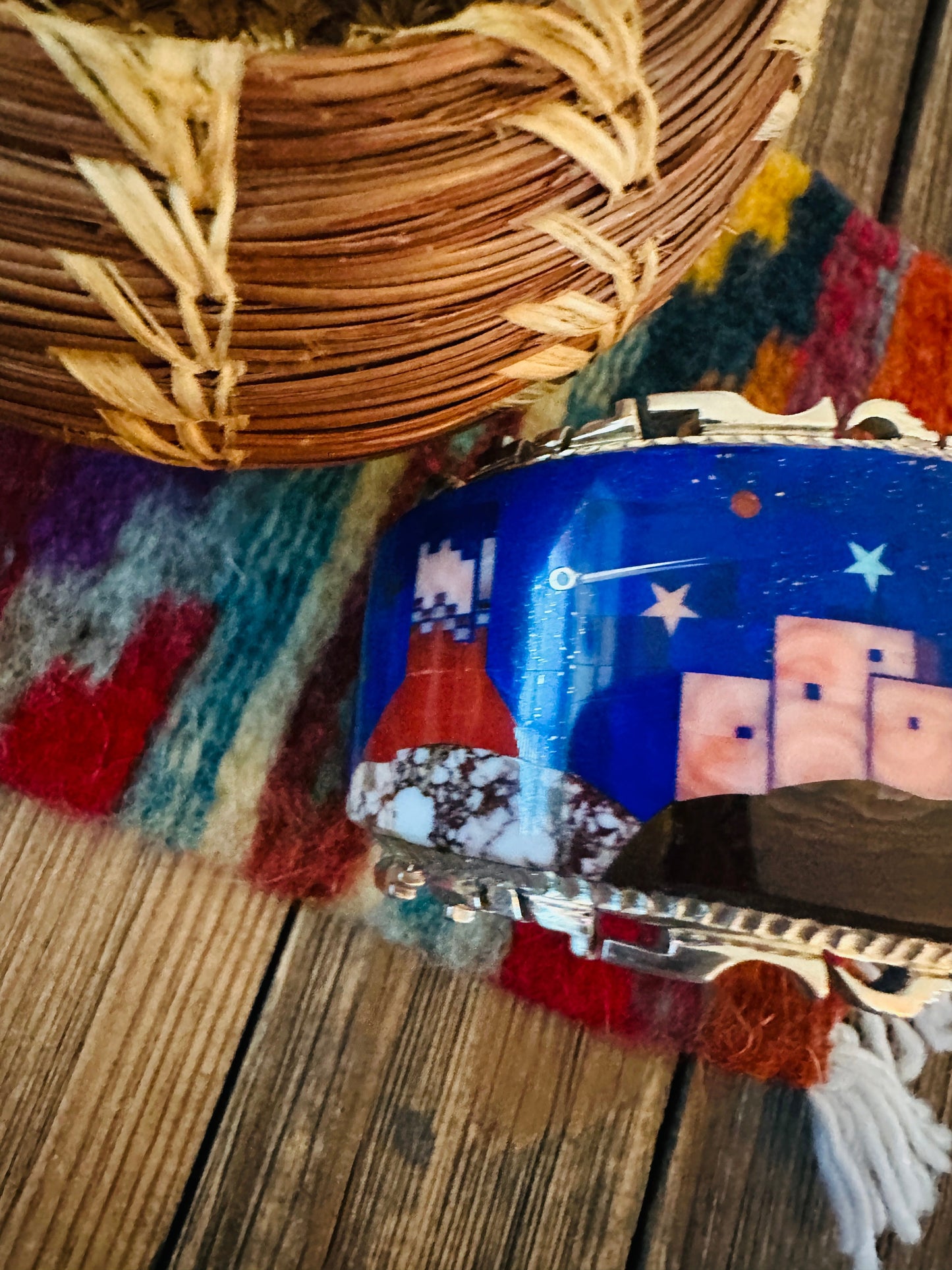 Handcrafted Sterling Silver & Multi Stone Inlay Pueblo Village Cuff Bracelet by Alvin Yellowhorse