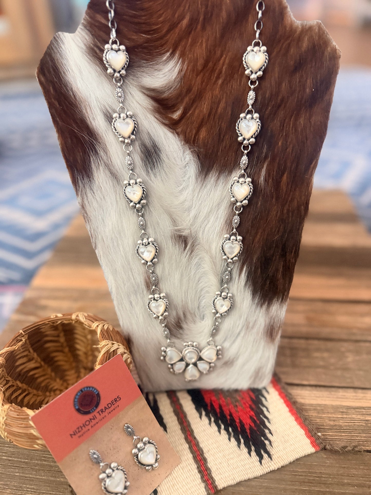 Handcrafted Mother of Pearl & Sterling Silver Cluster Necklace and Earring Set by Fred Francis