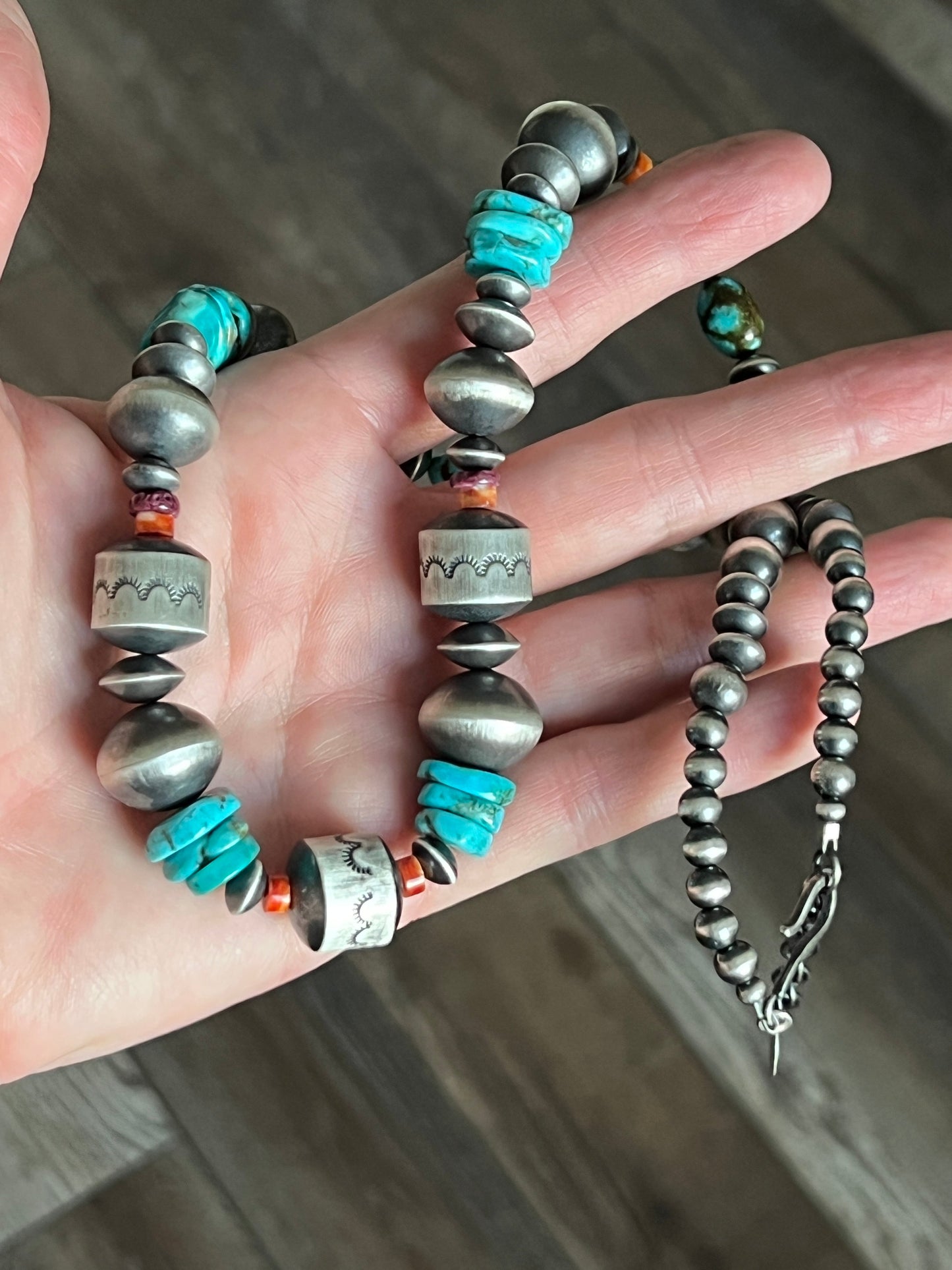 Handcrafted Sterling Silver, Kingman Turquoise and Spiny Oyster Shell Handcrafted Beaded Necklace by Rose Martin, 24 + 1-1/2 inches
