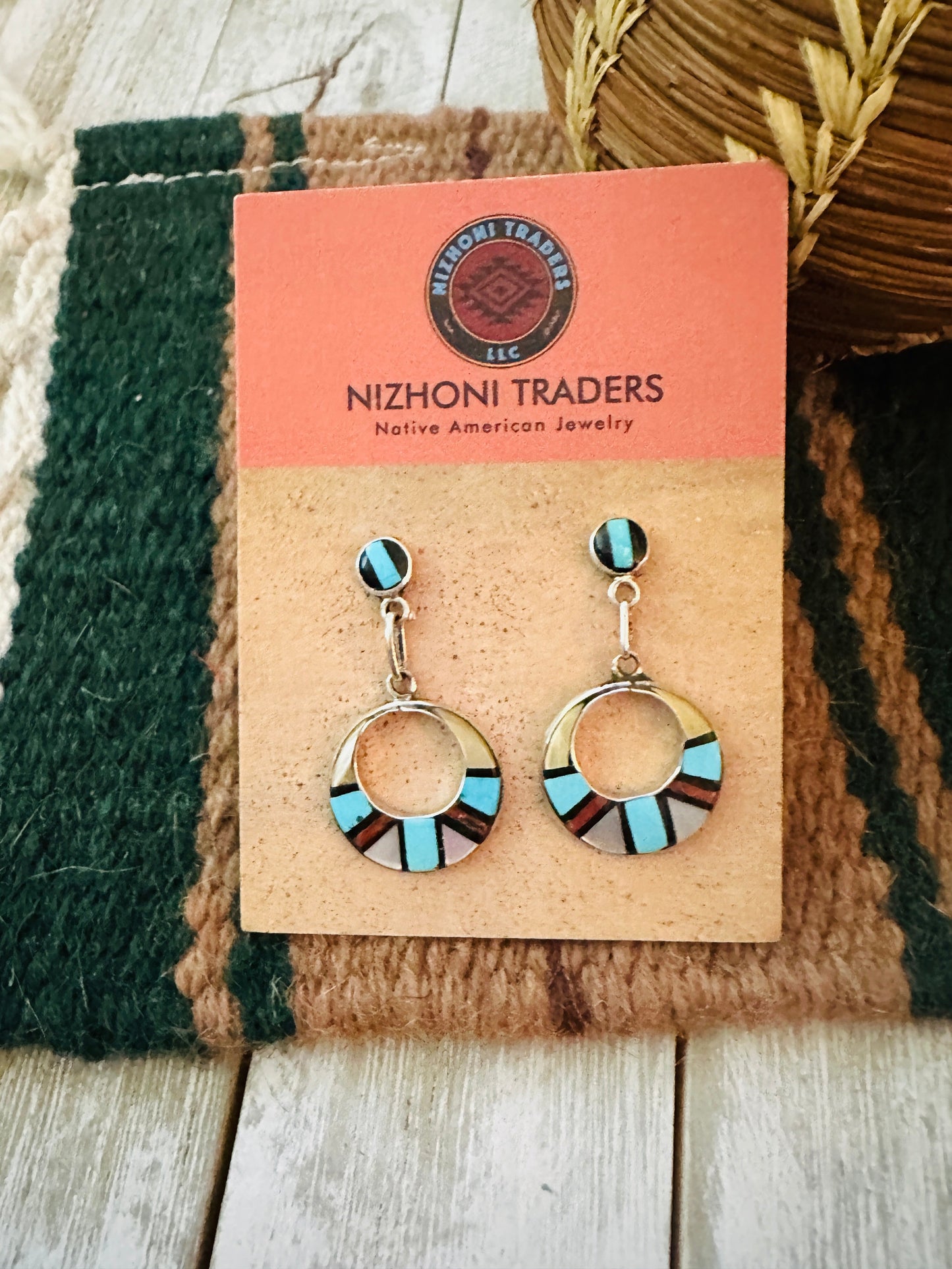 Old Pawn Handcrafted Multi Stone & Sterling Silver Inlay Earrings