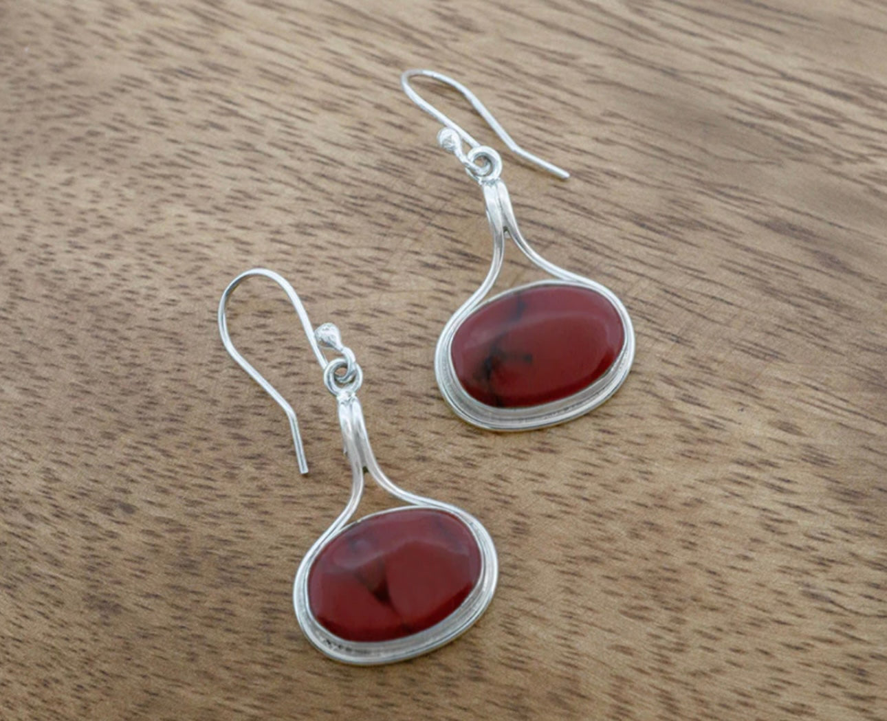 Red Jasper Oval Sterling Silver Earrings in Wire Frame