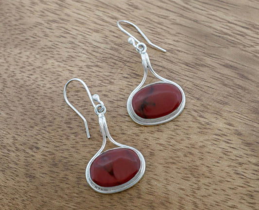 Red Jasper Oval Sterling Silver Earrings in Wire Frame