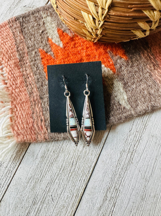 Handcrafted Sterling Silver & Multi Stone Inlay Dangle Earrings
