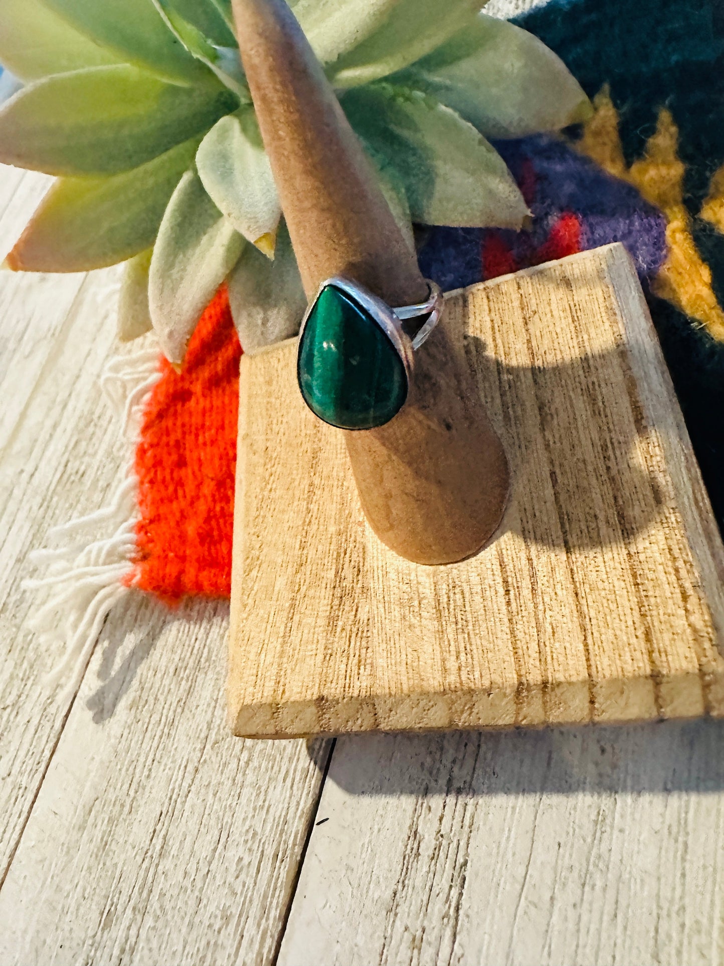 Handcrafted Malachite & Sterling Silver Teardrop Ring