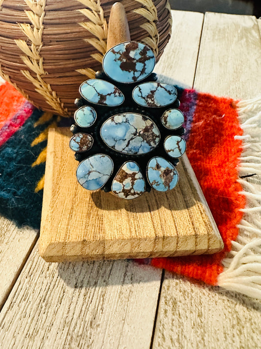 Handcrafted Golden Hills Turquoise & Sterling Silver Cluster Ring by Blaine Yellowhorse, Size 7