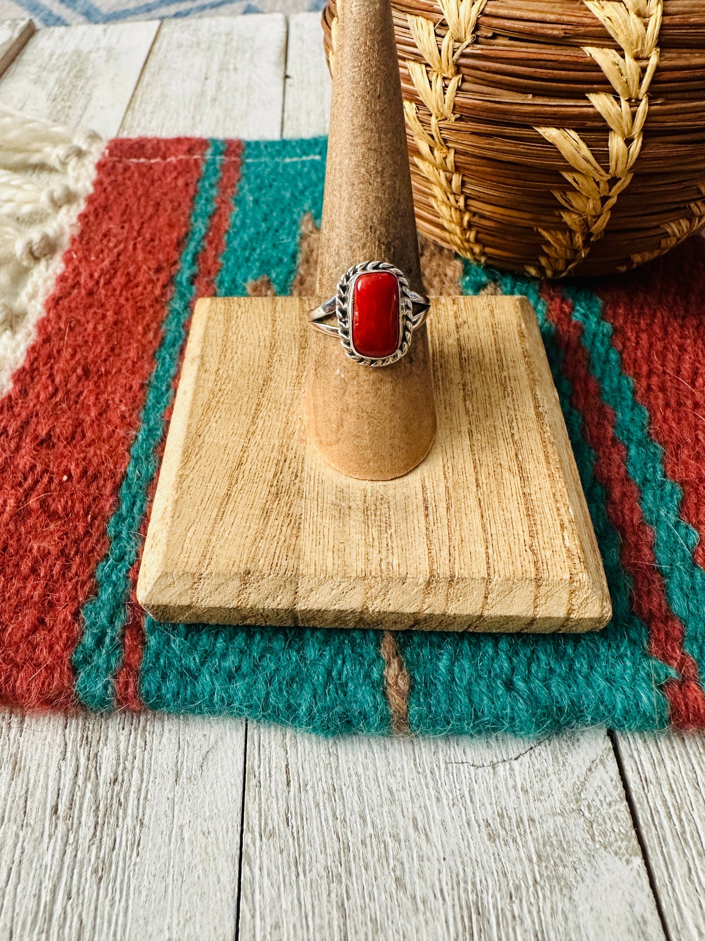 Navajo Coral & Sterling Silver Ring Size 7