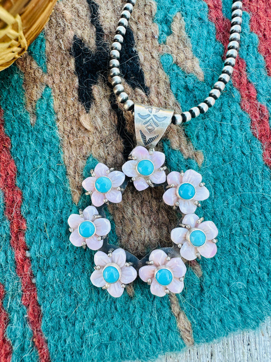 Handcrafted Sterling Silver, Queen Pink Conch & Turquoise Flower Pendant