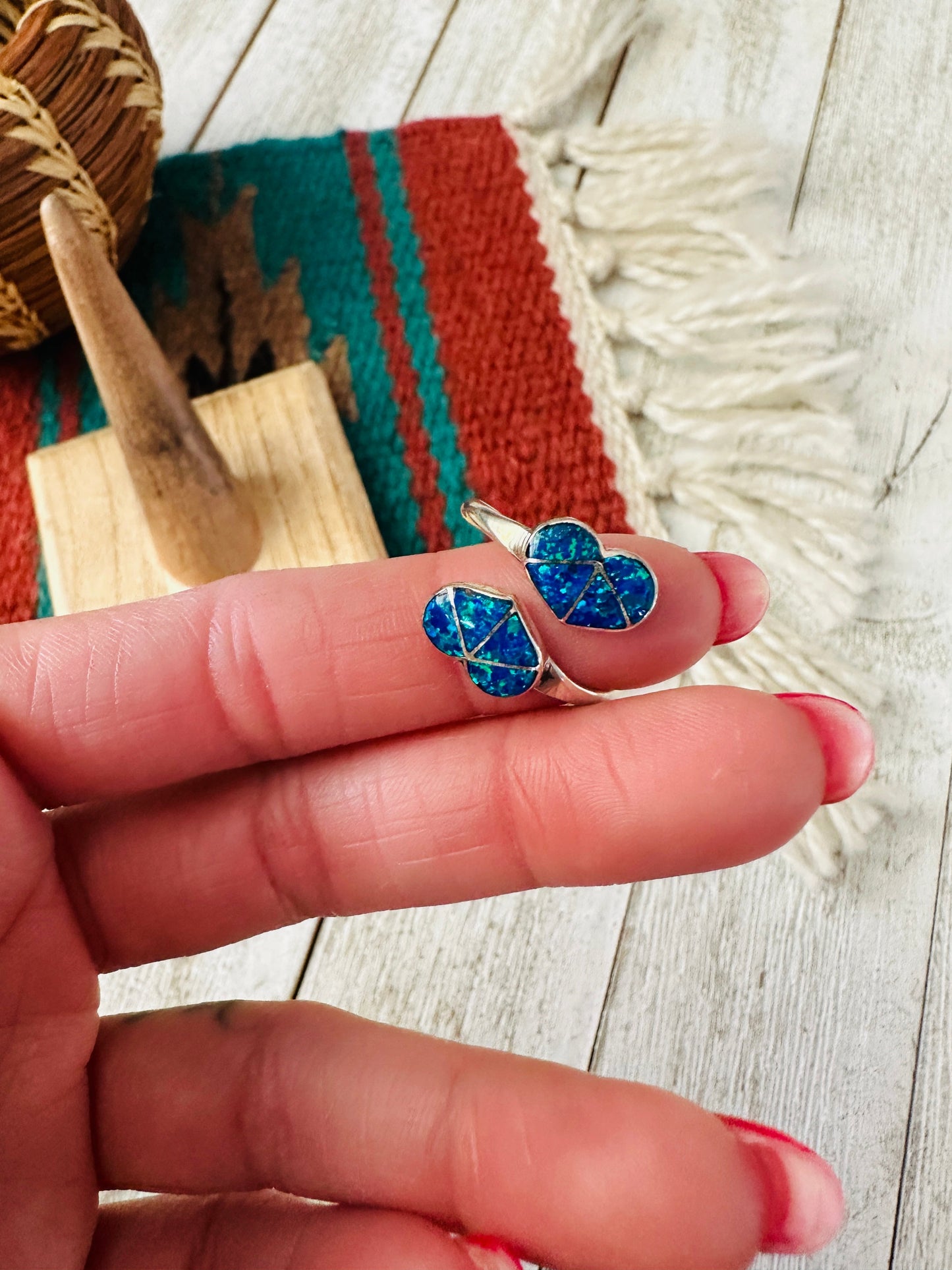 Handcrafted Sterling Silver & Blue Opal Heart Adjustable Ring