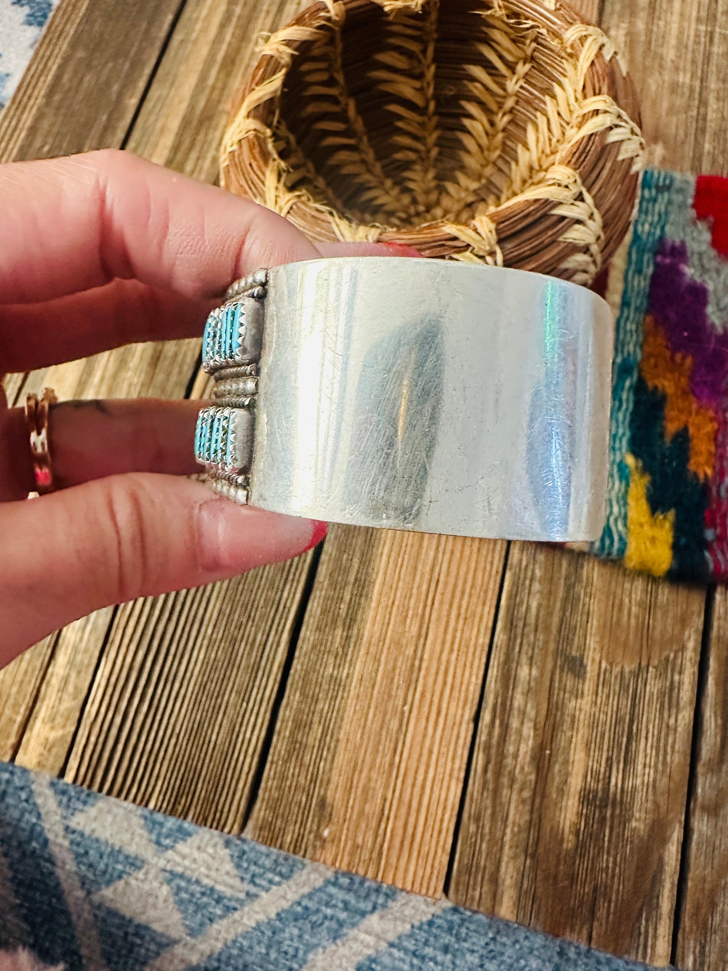 Handcrafted Old Pawn Sterling Silver & Turquoise Needlepoint Cuff Bracelet