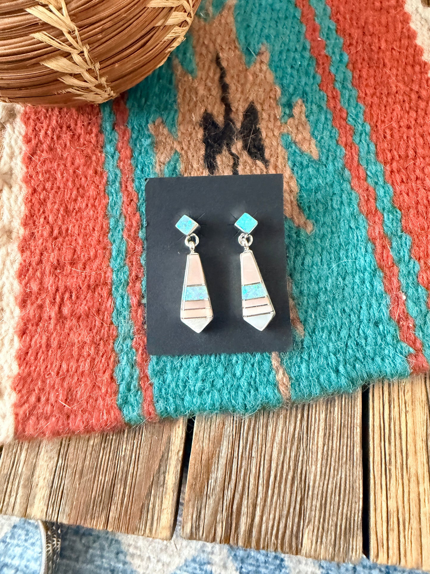 Handcrafted Mother of Pearl, Opal & Sterling Silver Inlay Dangle Earrings